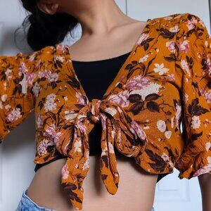 Mustard Floral Tie-Front Short Sleeve Crop Top